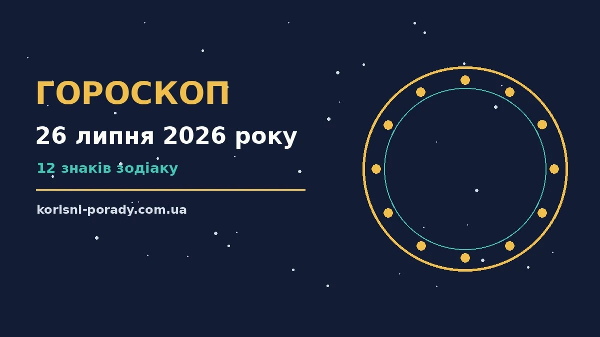 Зоряний гороскоп на 26 липня 2026 року з символами знаків Зодіаку на тлі ранкового неба